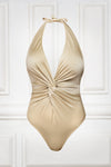One Piece Plunge Neck Swimsuit With Twist in Gold