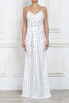Floral-appliqué polka-dot satin maxi dress