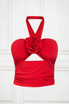 Floral appliqué jersey halter neck top in red