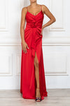Floral-appliqué red satin maxi dress