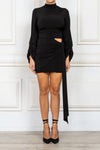 Long sleeve draped mini dress in black