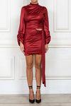Long Sleeve Draped Mini Dress in Burgundy