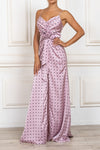 Floral-appliqué polka-dot satin maxi dress in pink