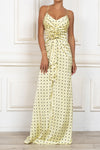 Floral-appliqué polka-dot satin maxi dress in yellow