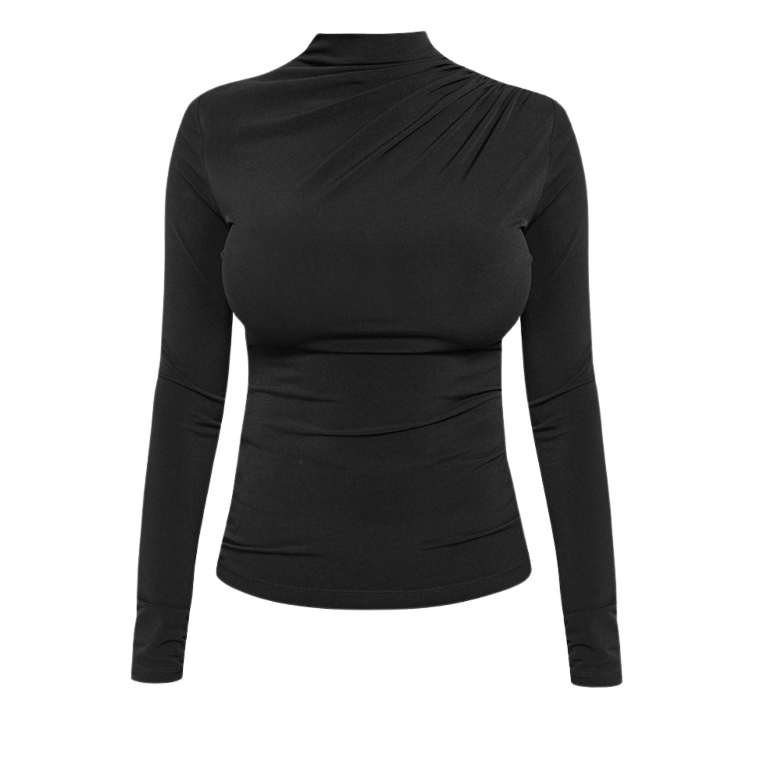 Black Asymmetric Ruched Long Sleeved Top