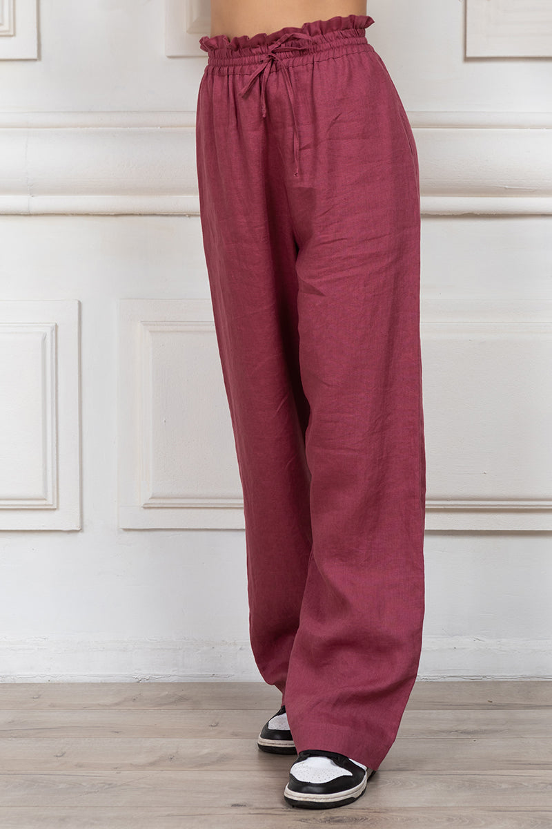 Long linen trousers in burgundy