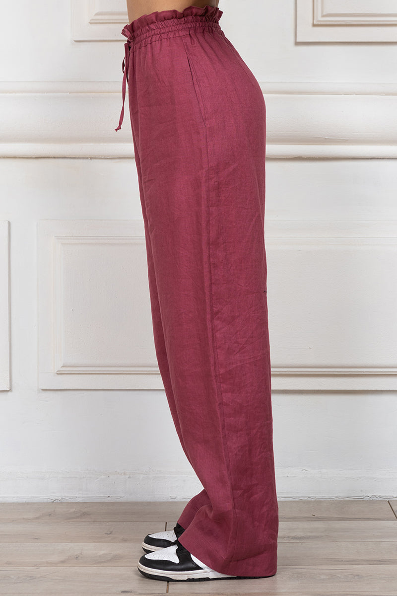 Long linen trousers in burgundy