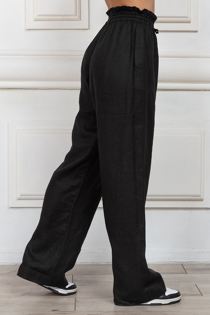 Long linen trousers in black