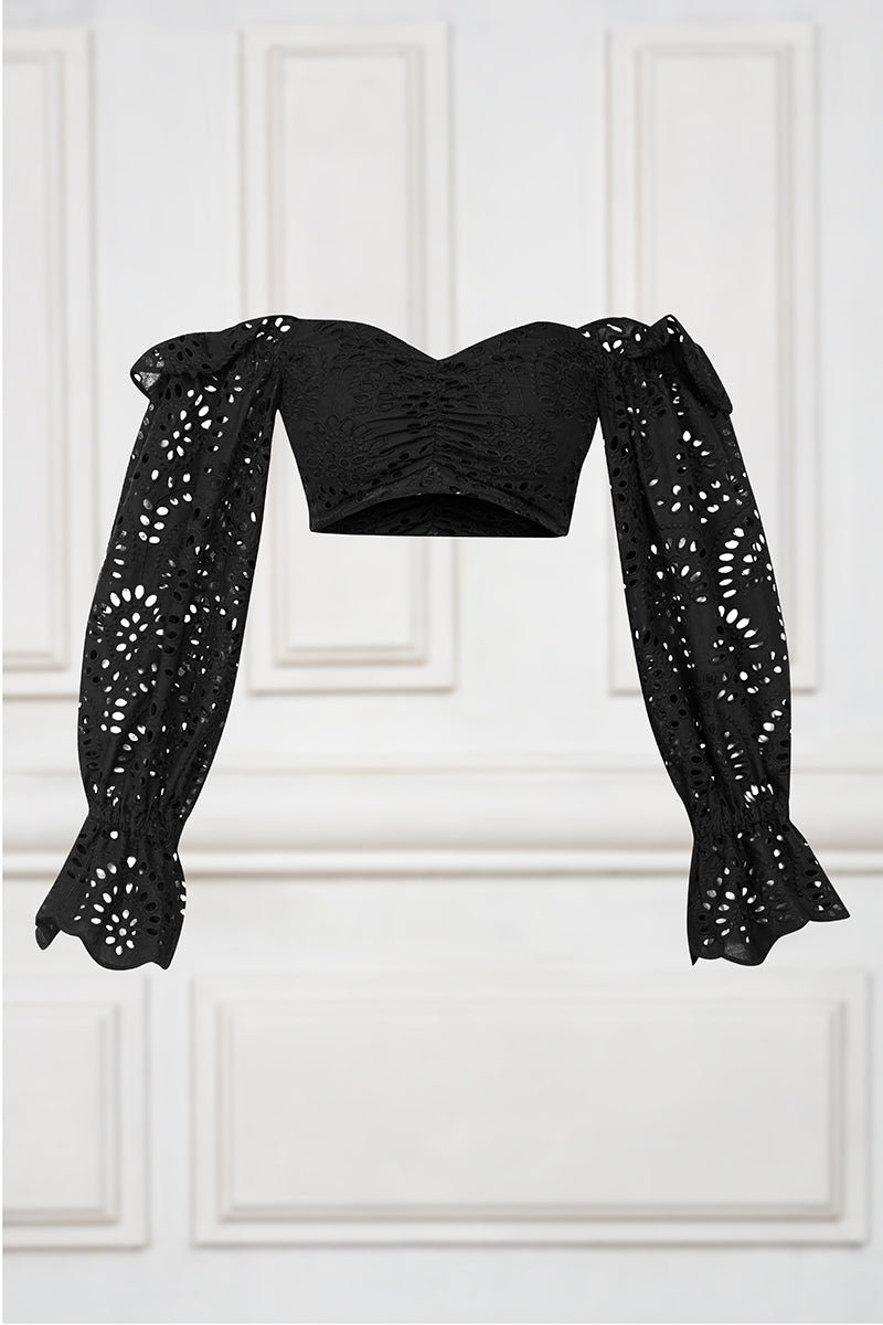 Black top with English embroidery and sleeves