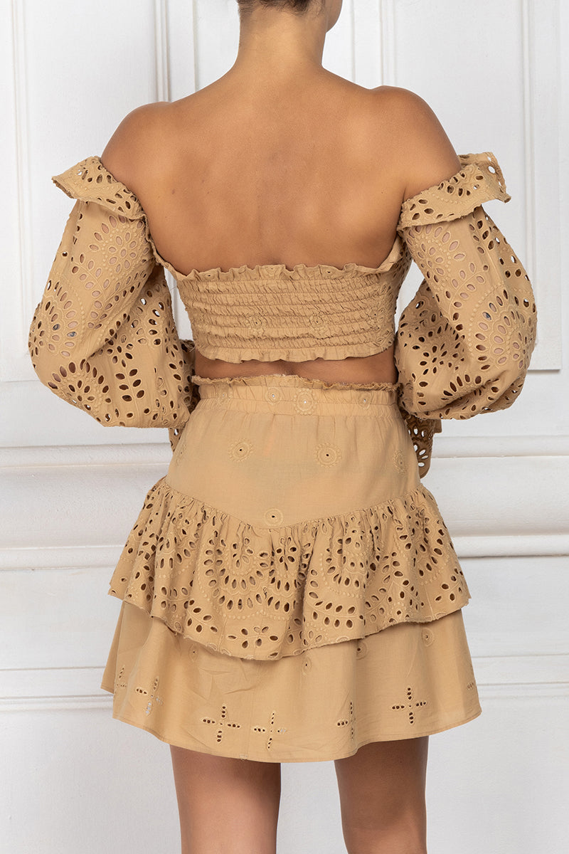 Beige top with English embroidery and sleeves