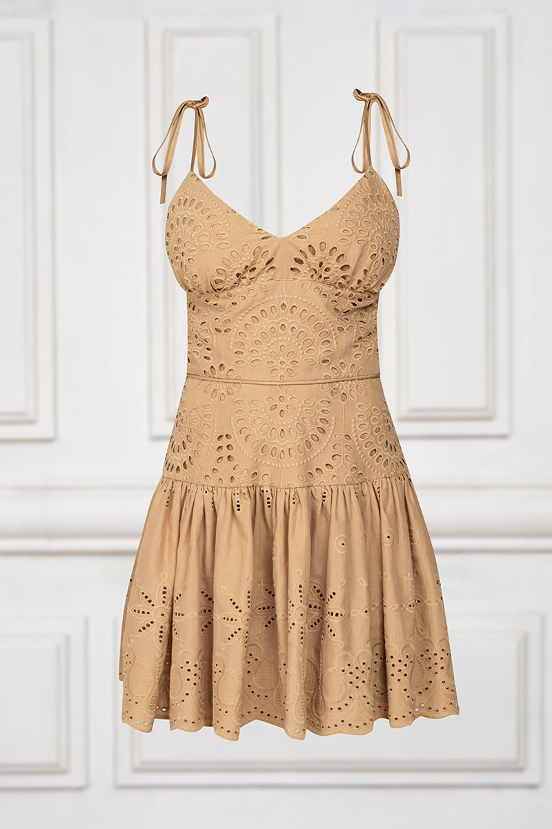 English embroidery cotton dress in beige