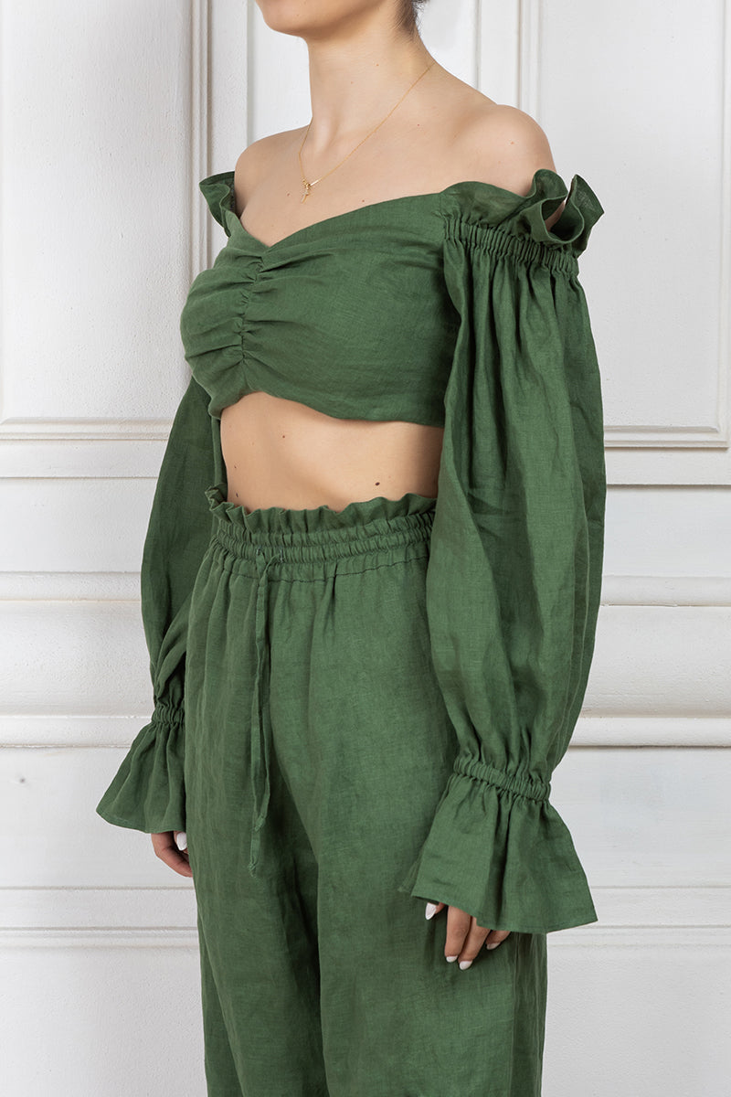 Green linen off shoulder top with sleeves