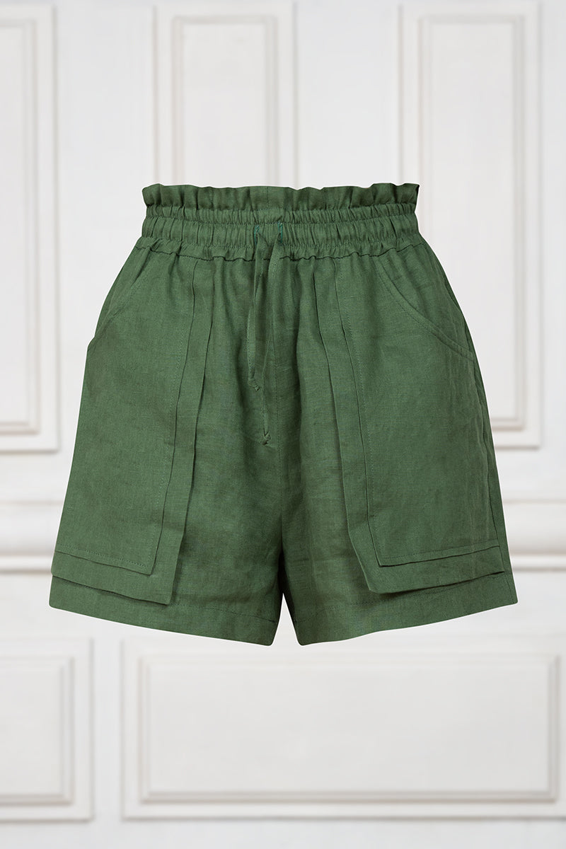 Green linen shorts with pockets