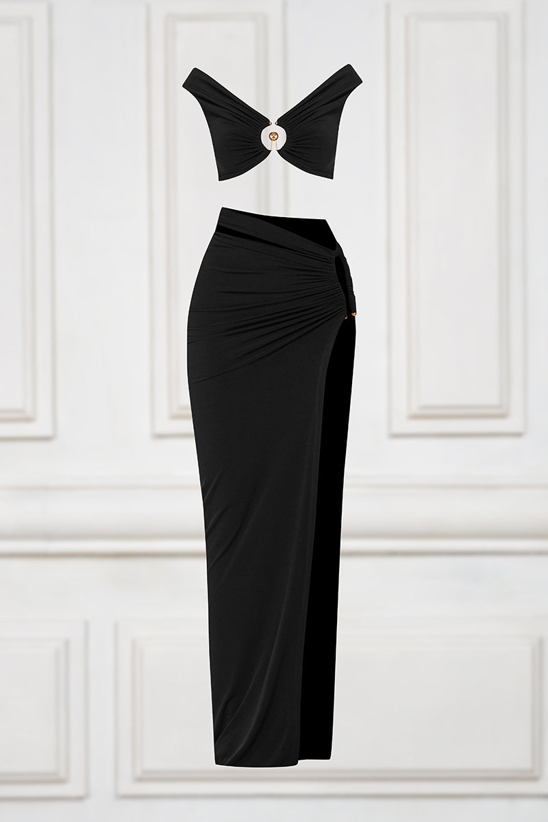 Set of skirt with slit and off shoulder top in black