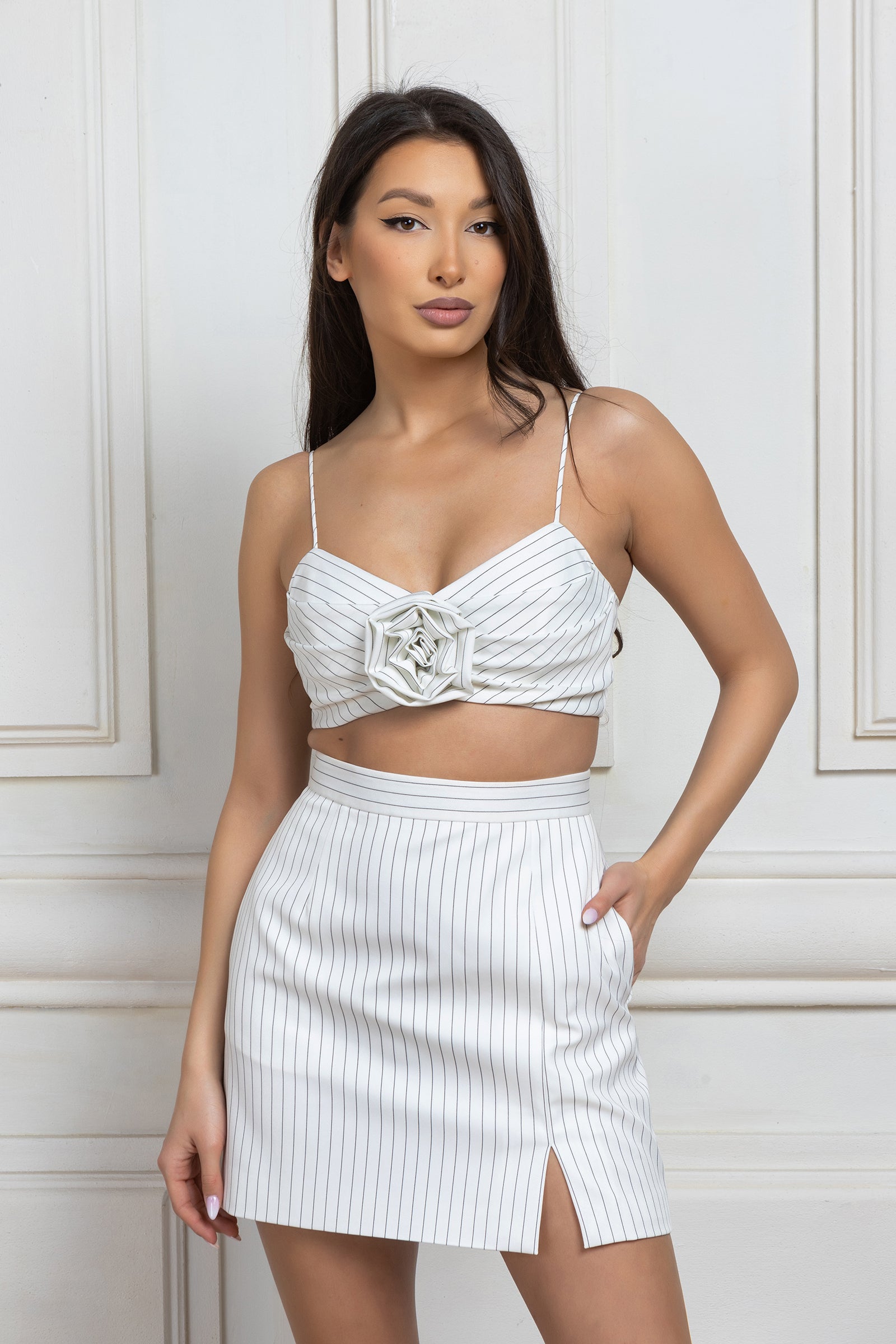 Pinstripe mini skirt in white