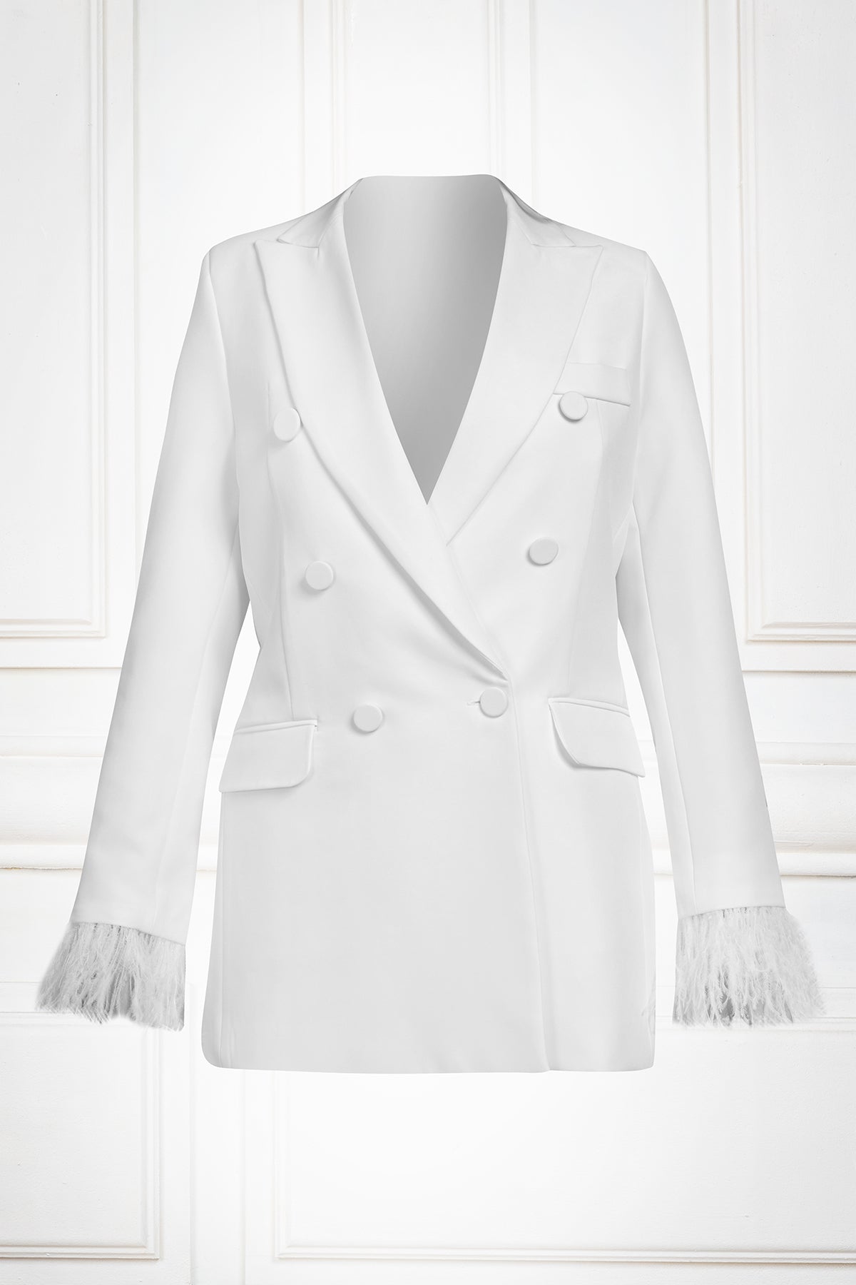 White Double Breasted Feather Cuff Blazer