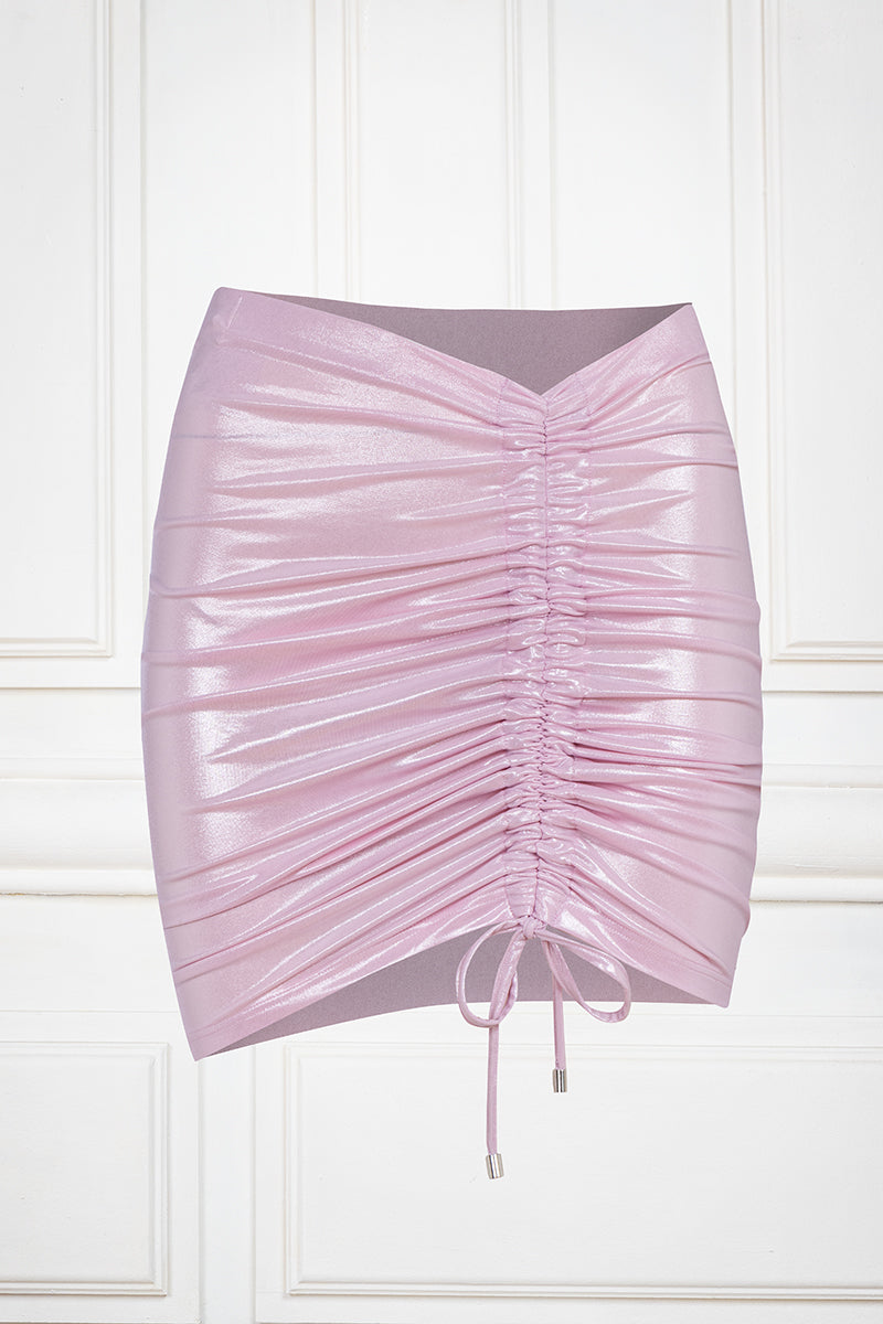 Ruched mini beach skirt in Pink Metallic