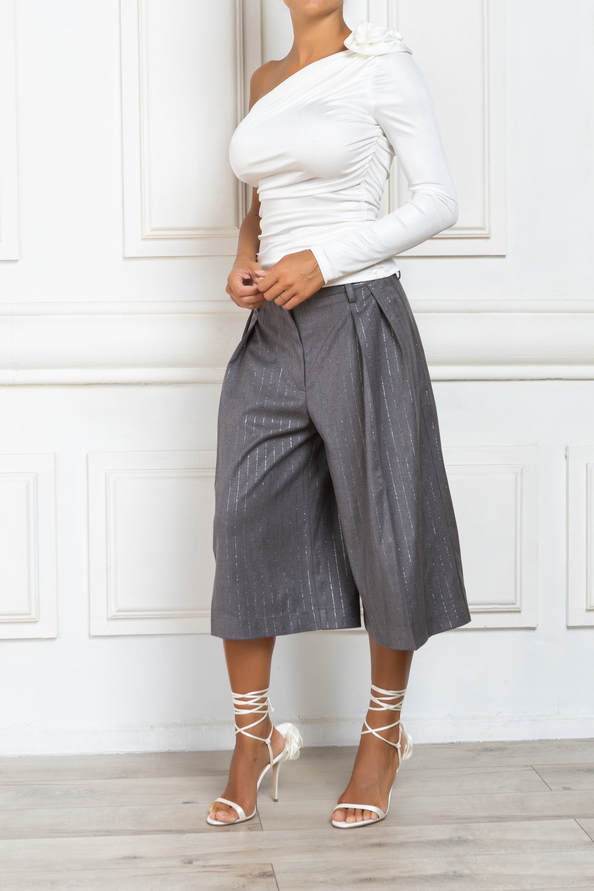 Pinstripe Wide Leg Cropped Trousers