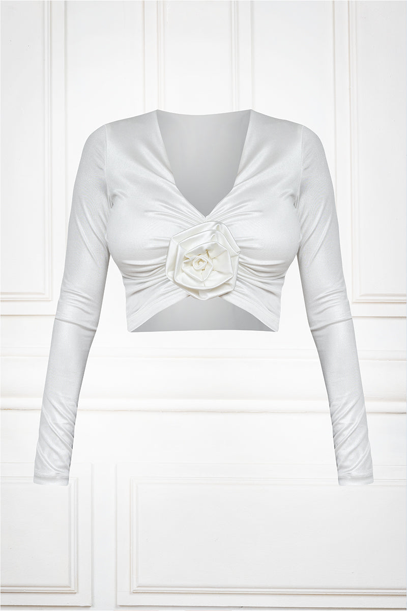 V-neck Rose Appliqué Top in white