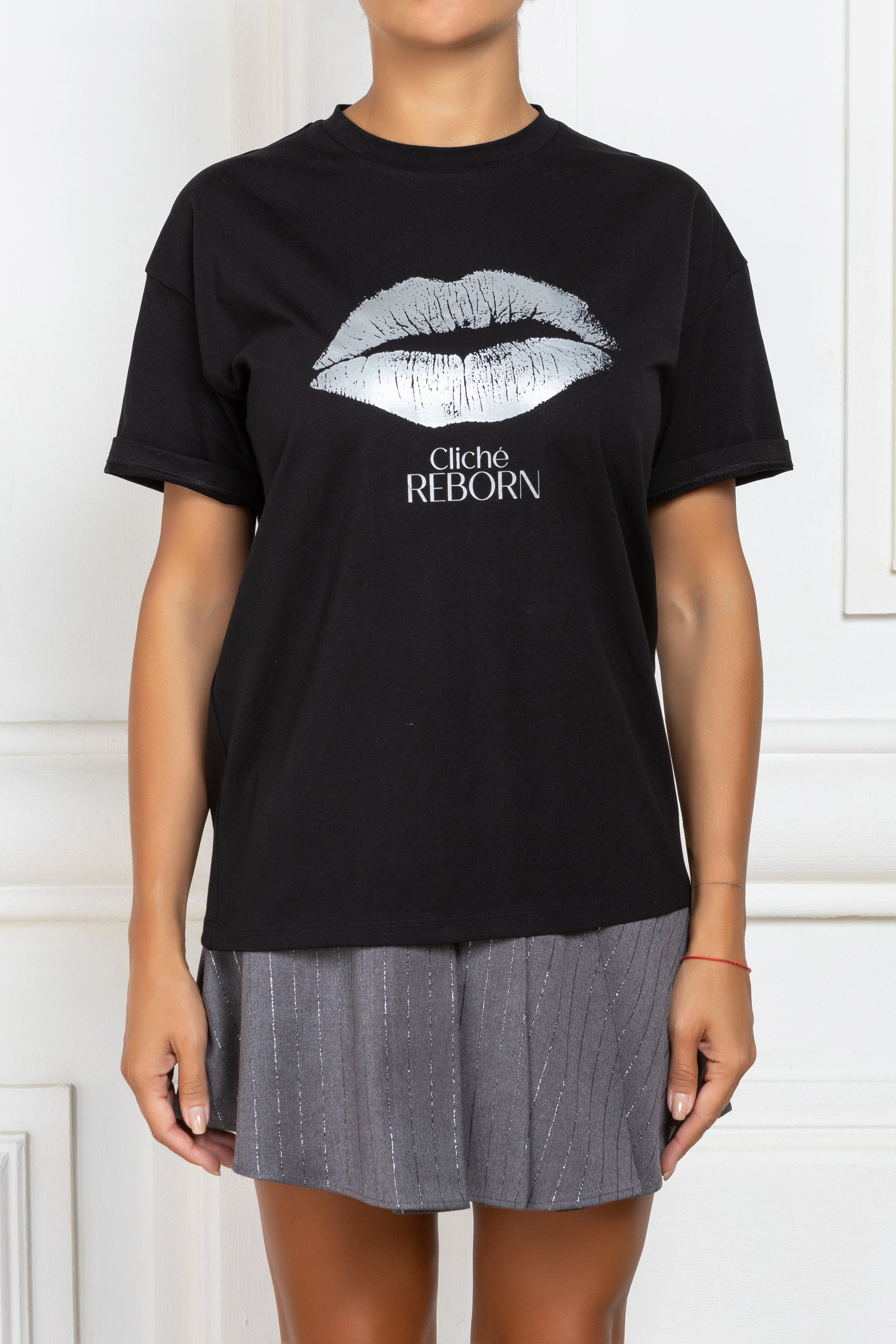 Black Printed Cotton T-shirt KISS