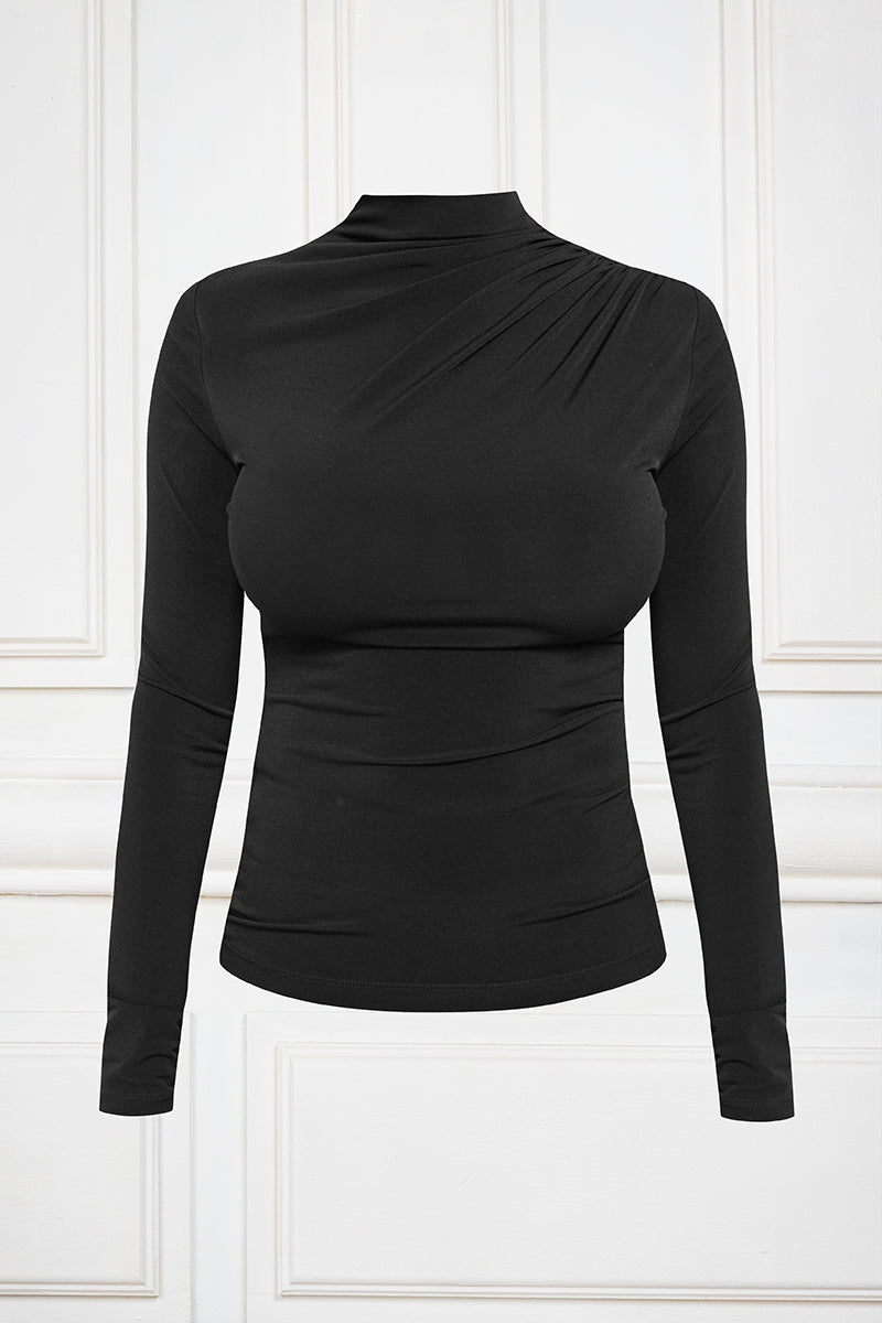 Black Asymmetric Ruched Long Sleeved Top