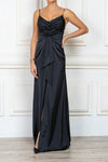 Floral-appliqué black satin maxi dress