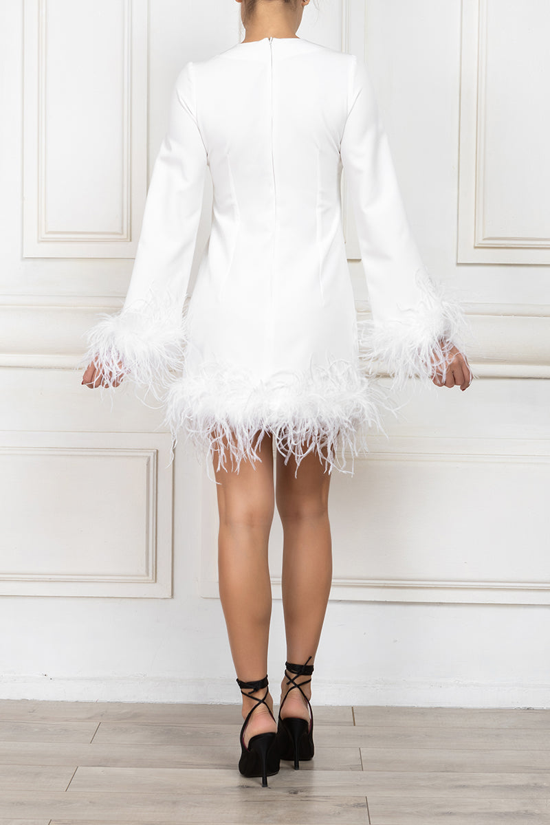 White Feather Trim Long Sleeve Mini Dress