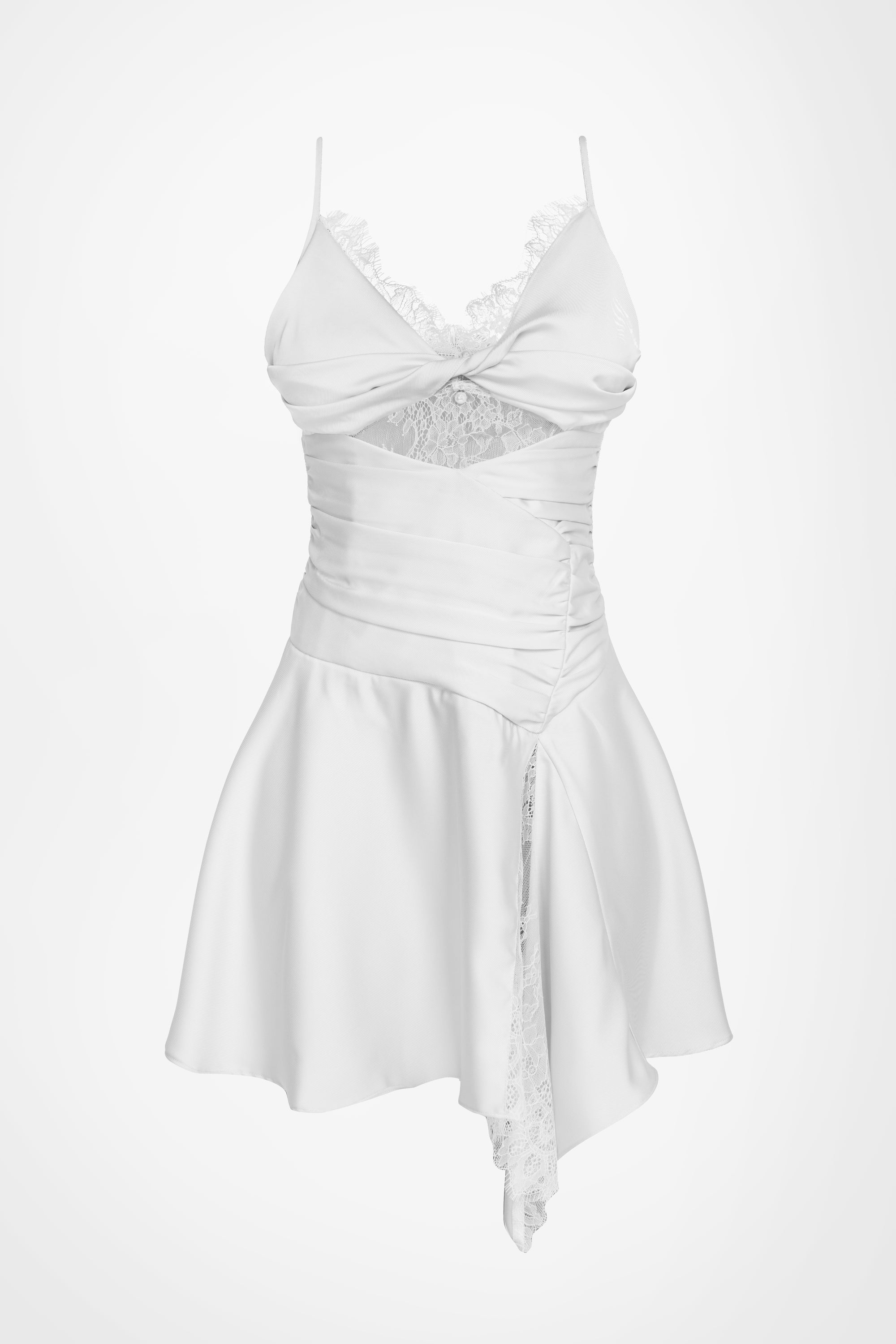 Asymmetric White Lace Satin Mini Dress