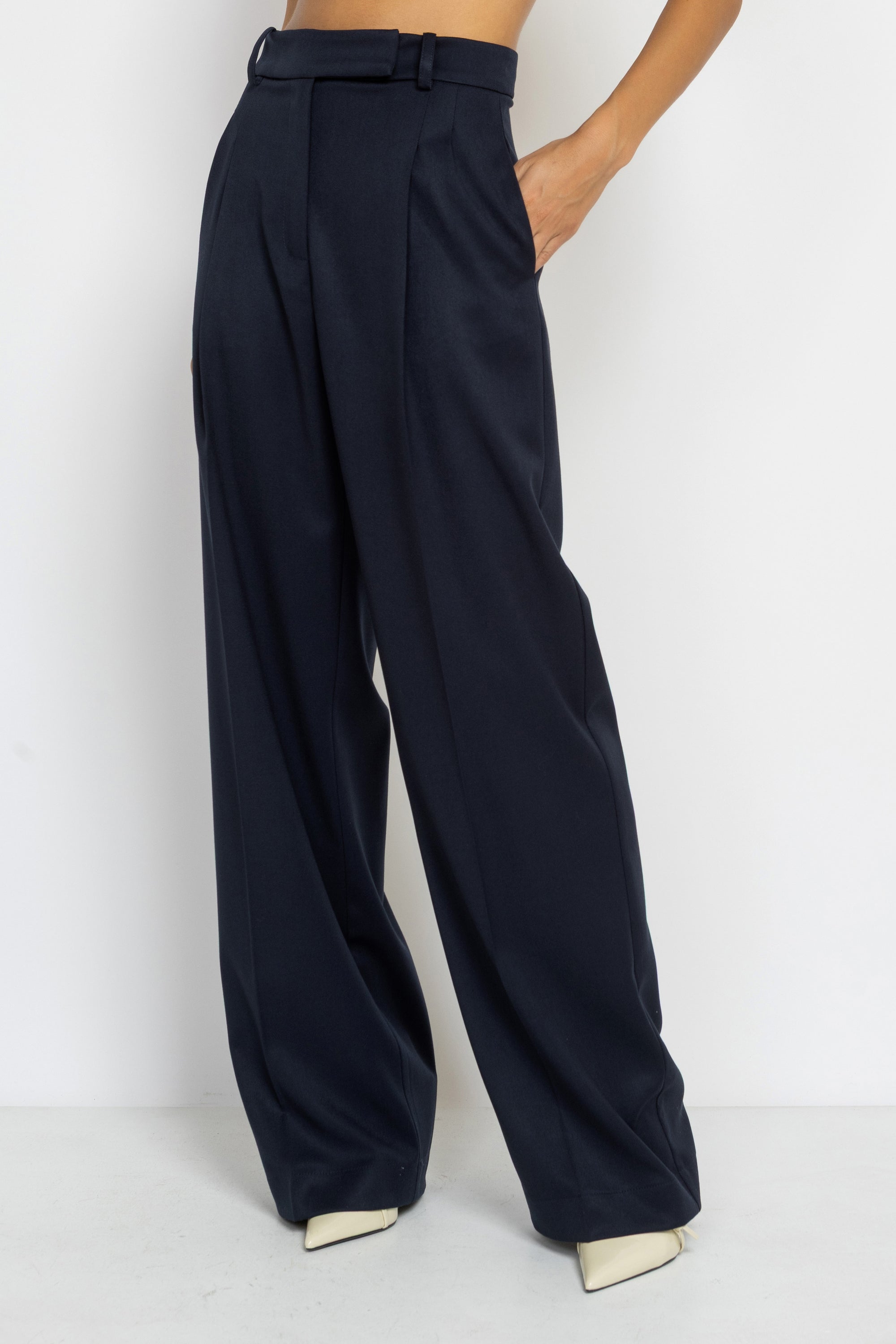 High Rise Wide Leg Viscose Pants in Navy Blue