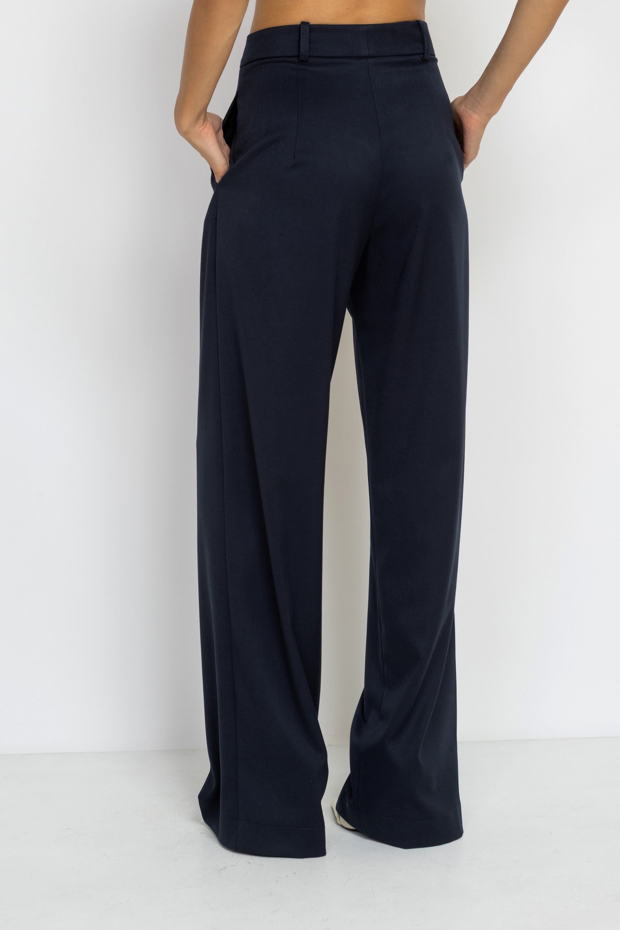 High Rise Wide Leg Viscose Pants in Navy Blue