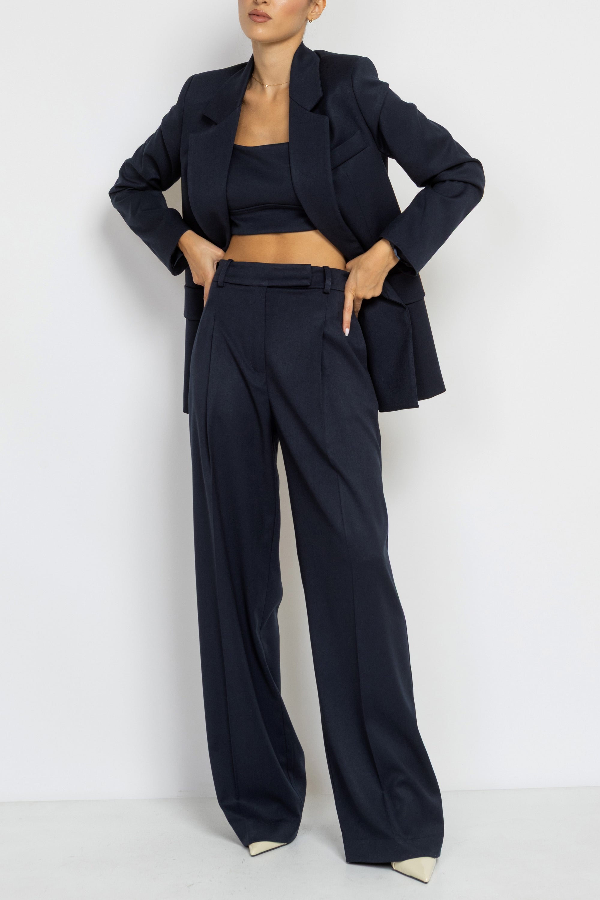 High Rise Wide Leg Viscose Pants in Navy Blue