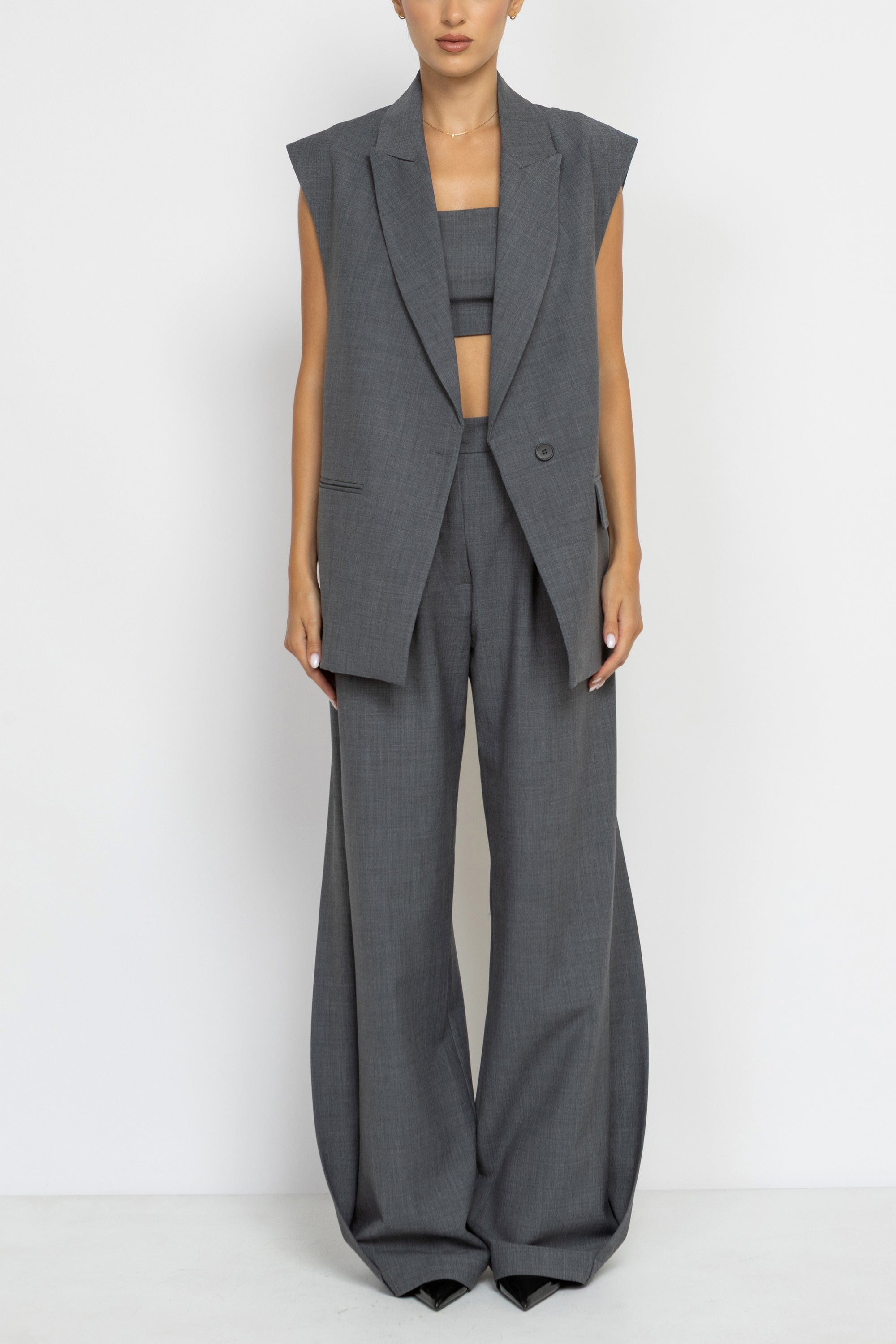 Tailored Grey Wool Longline Sleeveless Blazer