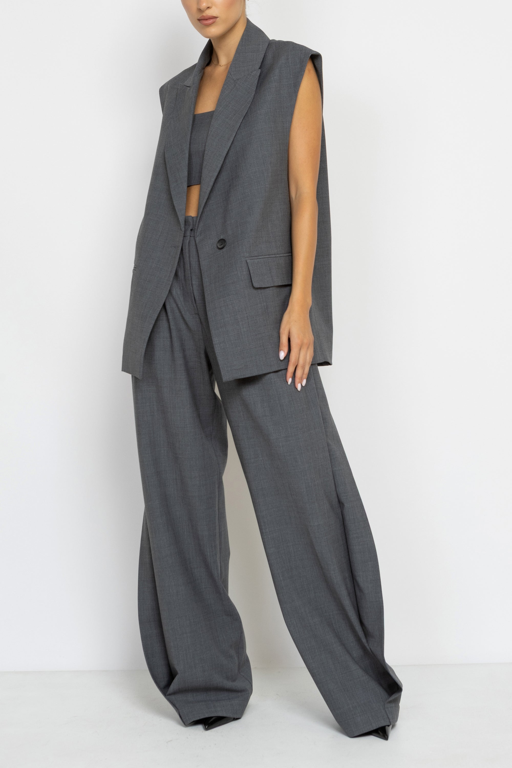 Tailored Grey Wool Longline Sleeveless Blazer