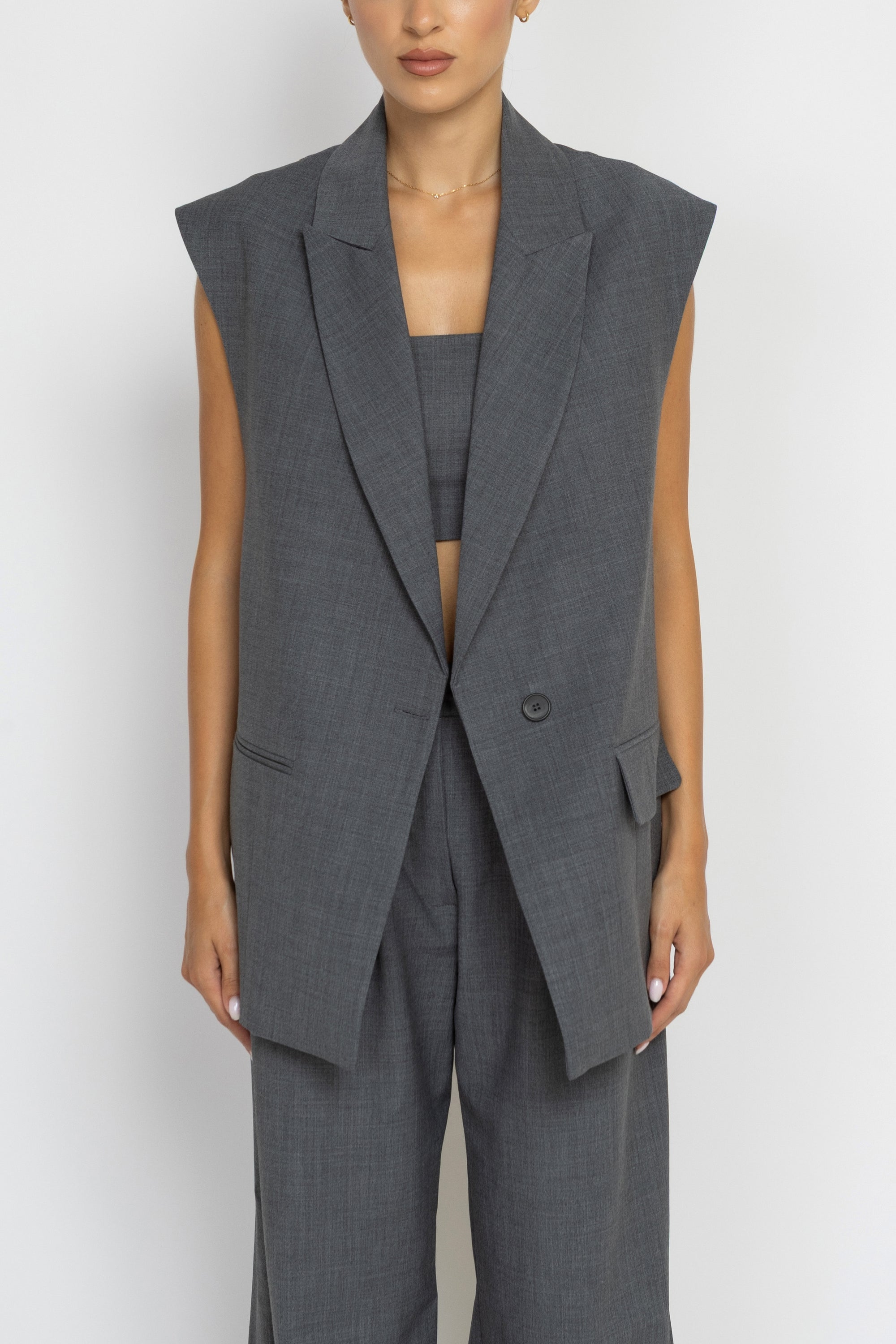 Tailored Grey Wool Longline Sleeveless Blazer