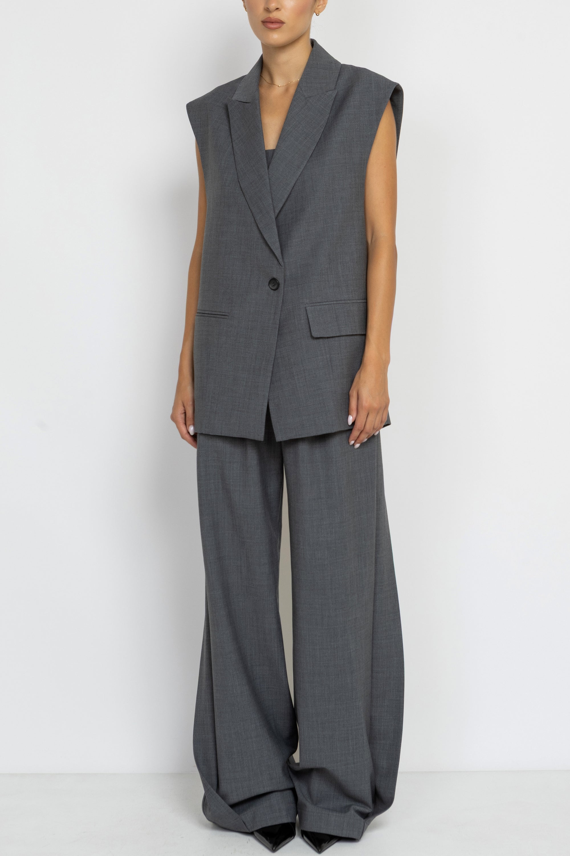 Tailored Grey Wool Longline Sleeveless Blazer