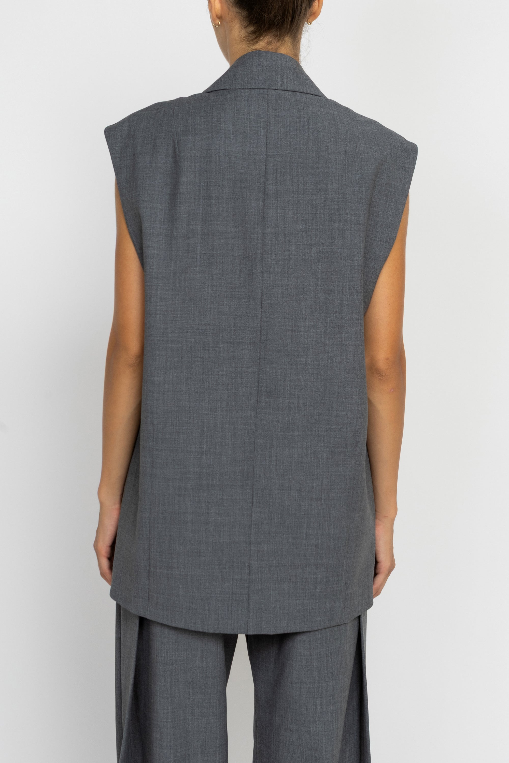 Tailored Grey Wool Longline Sleeveless Blazer