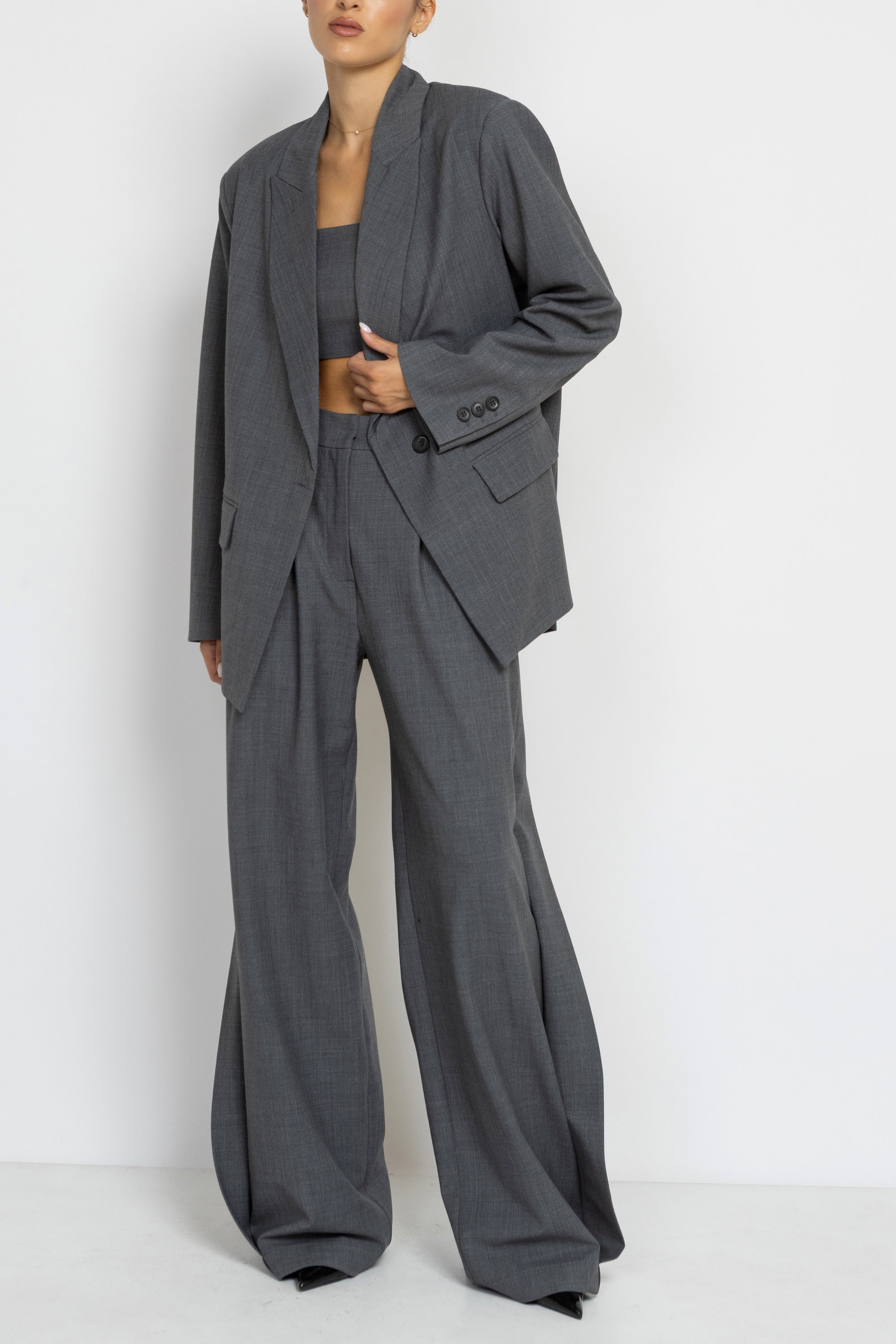 High-Waist Wide-Leg Side-Panel Pants in Grey