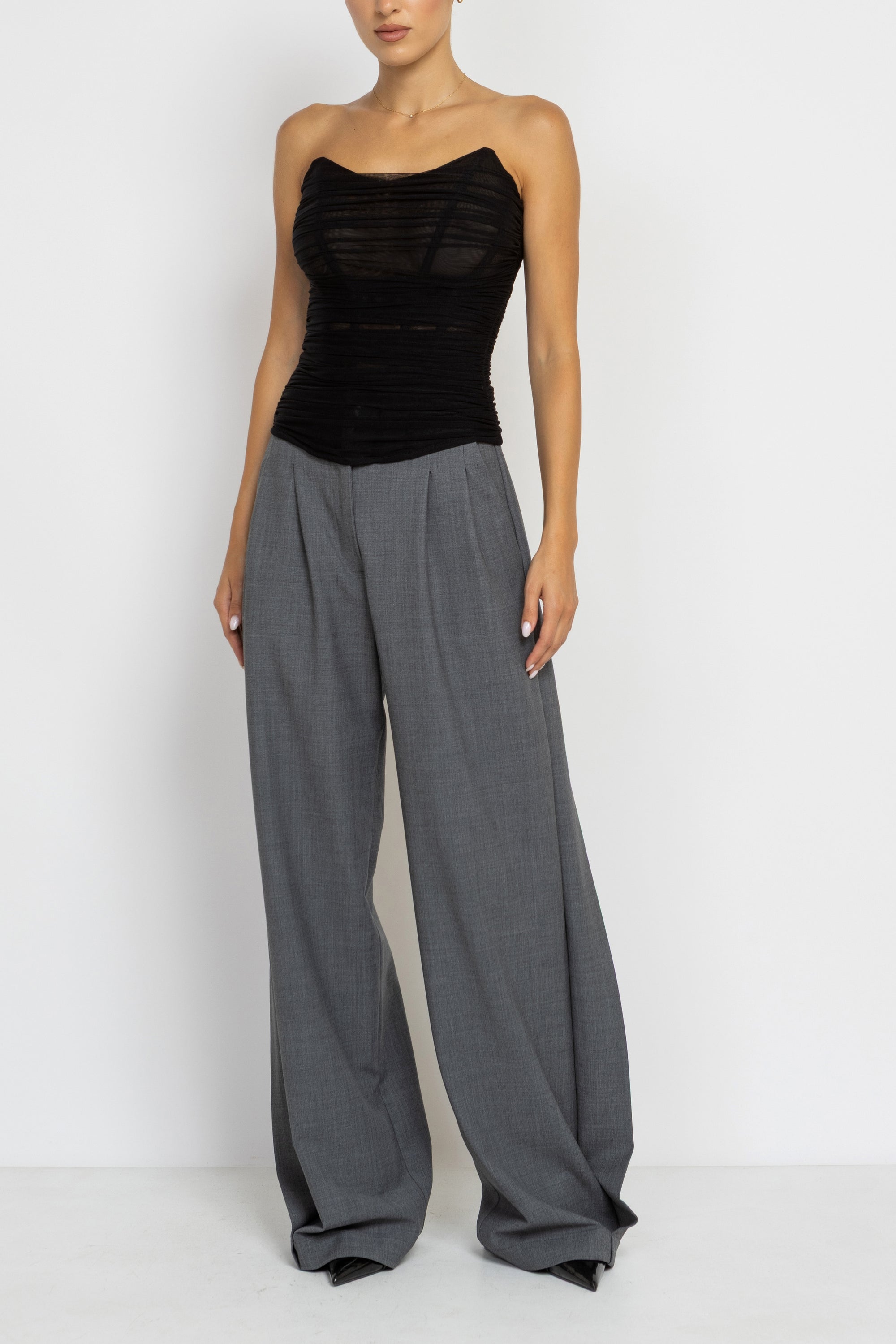 High-Waist Wide-Leg Side-Panel Pants in Grey