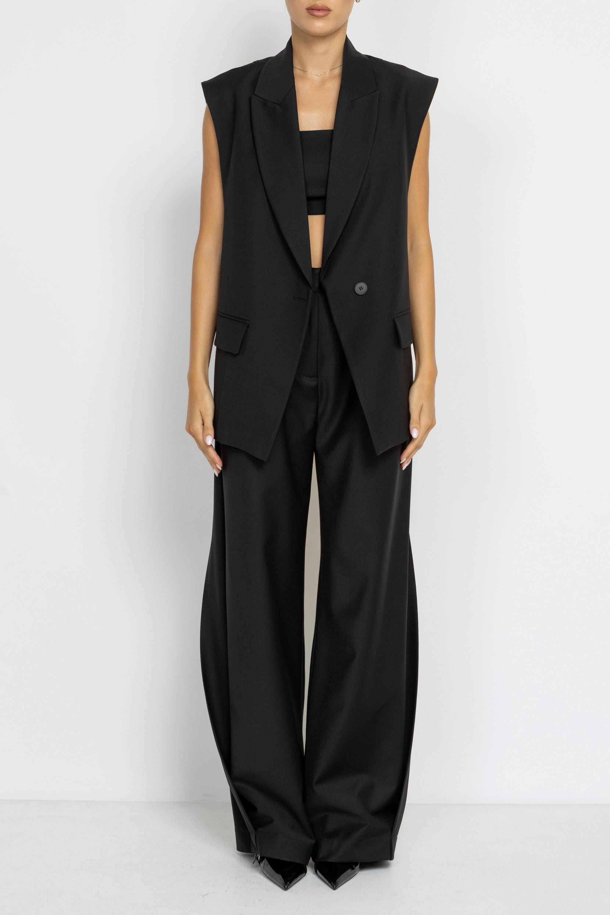 Tailored Black Wool Longline Sleeveless Blazer