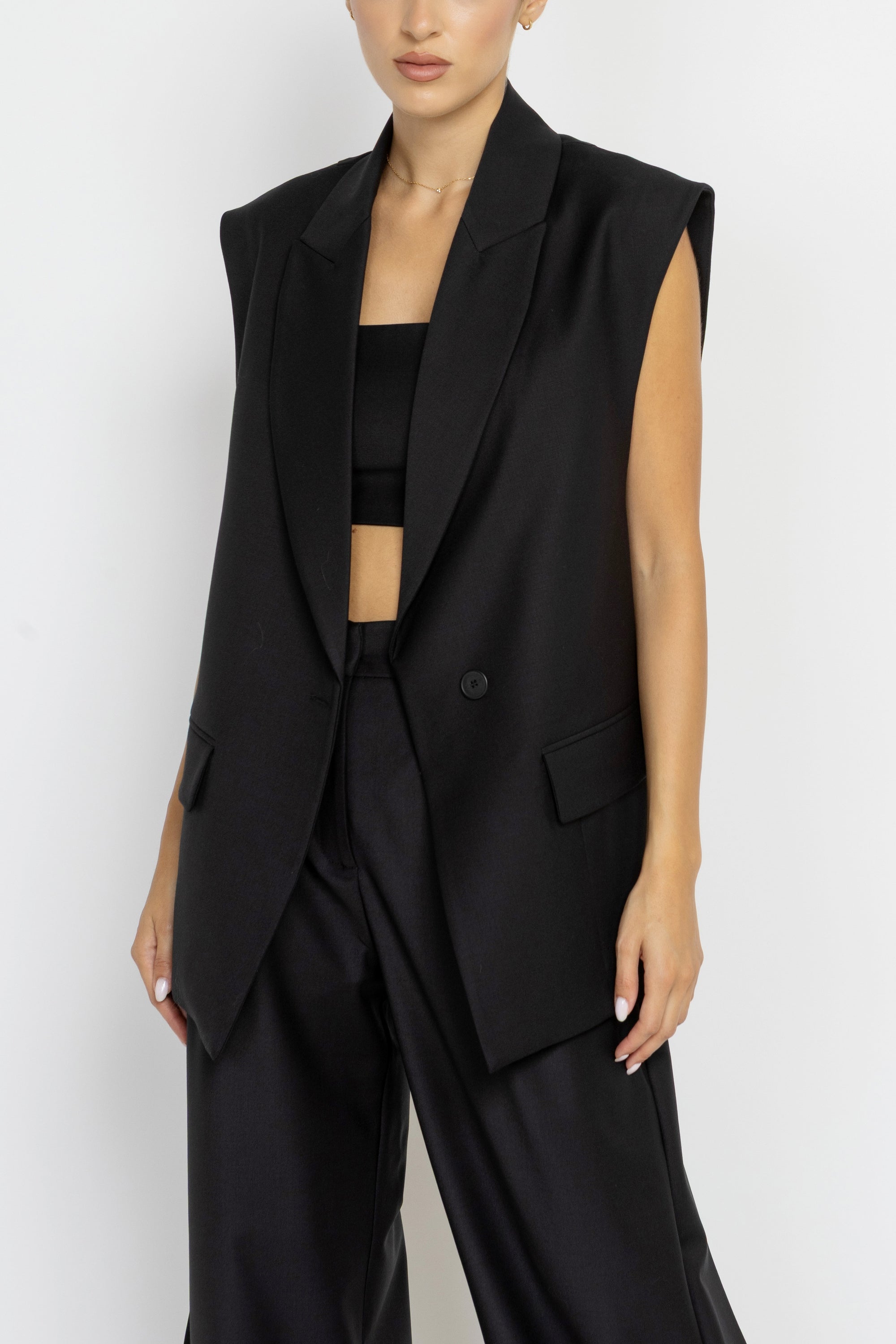 Tailored Black Wool Longline Sleeveless Blazer