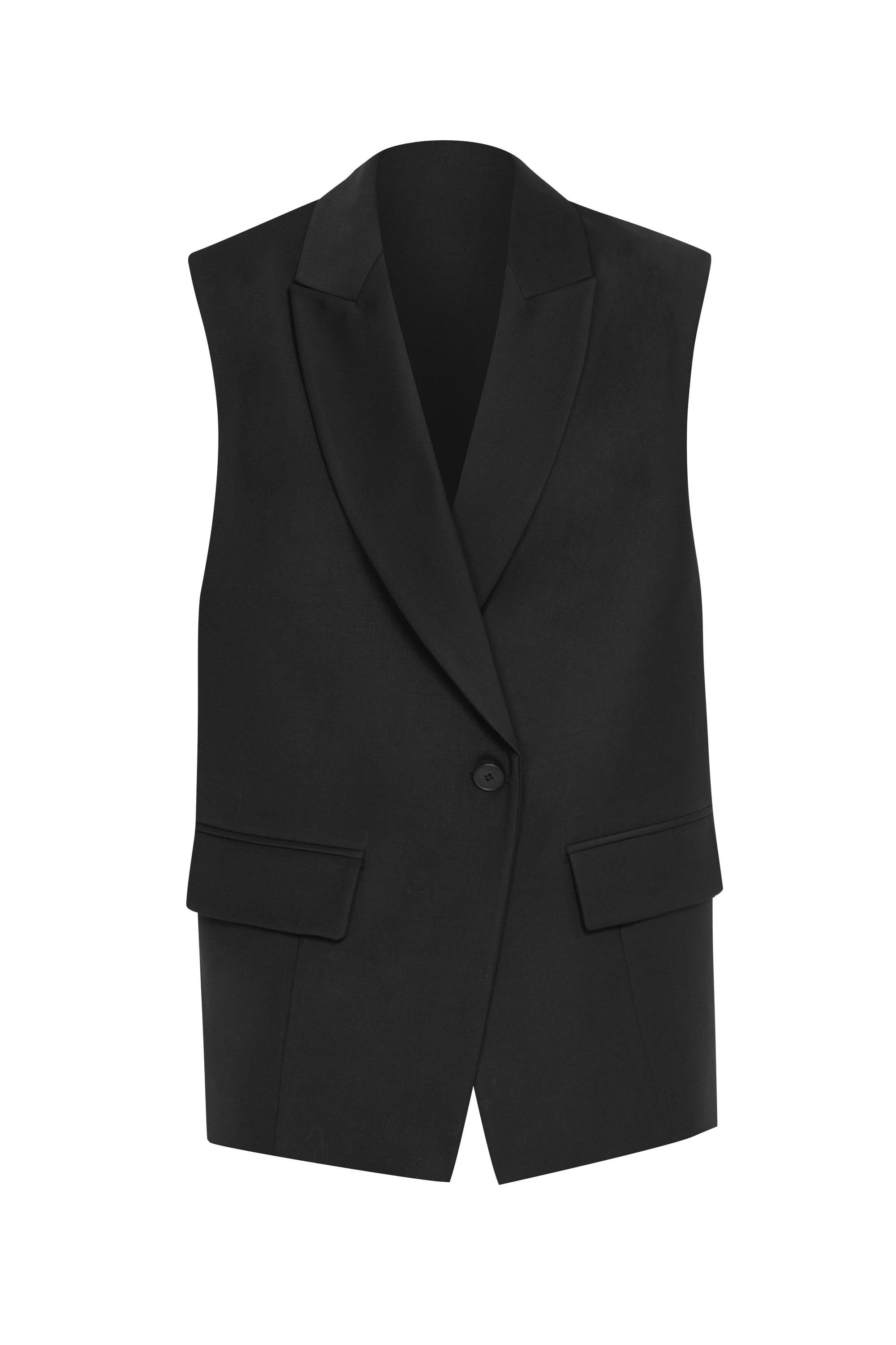 Tailored Black Wool Longline Sleeveless Blazer