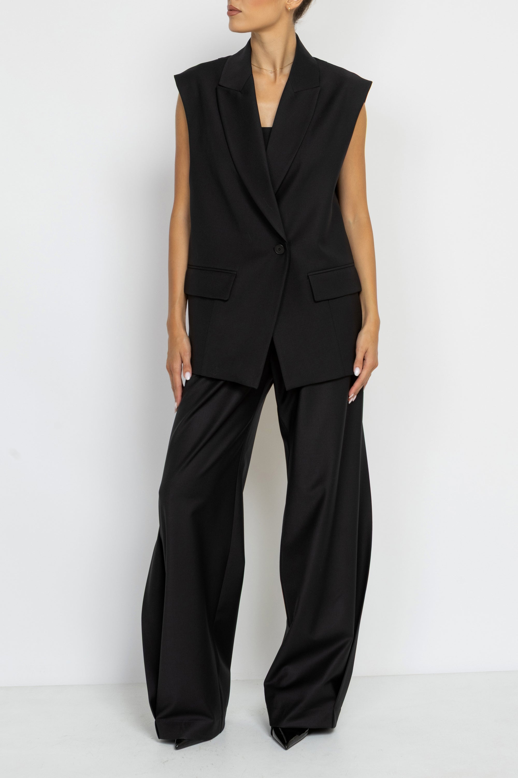Tailored Black Wool Longline Sleeveless Blazer