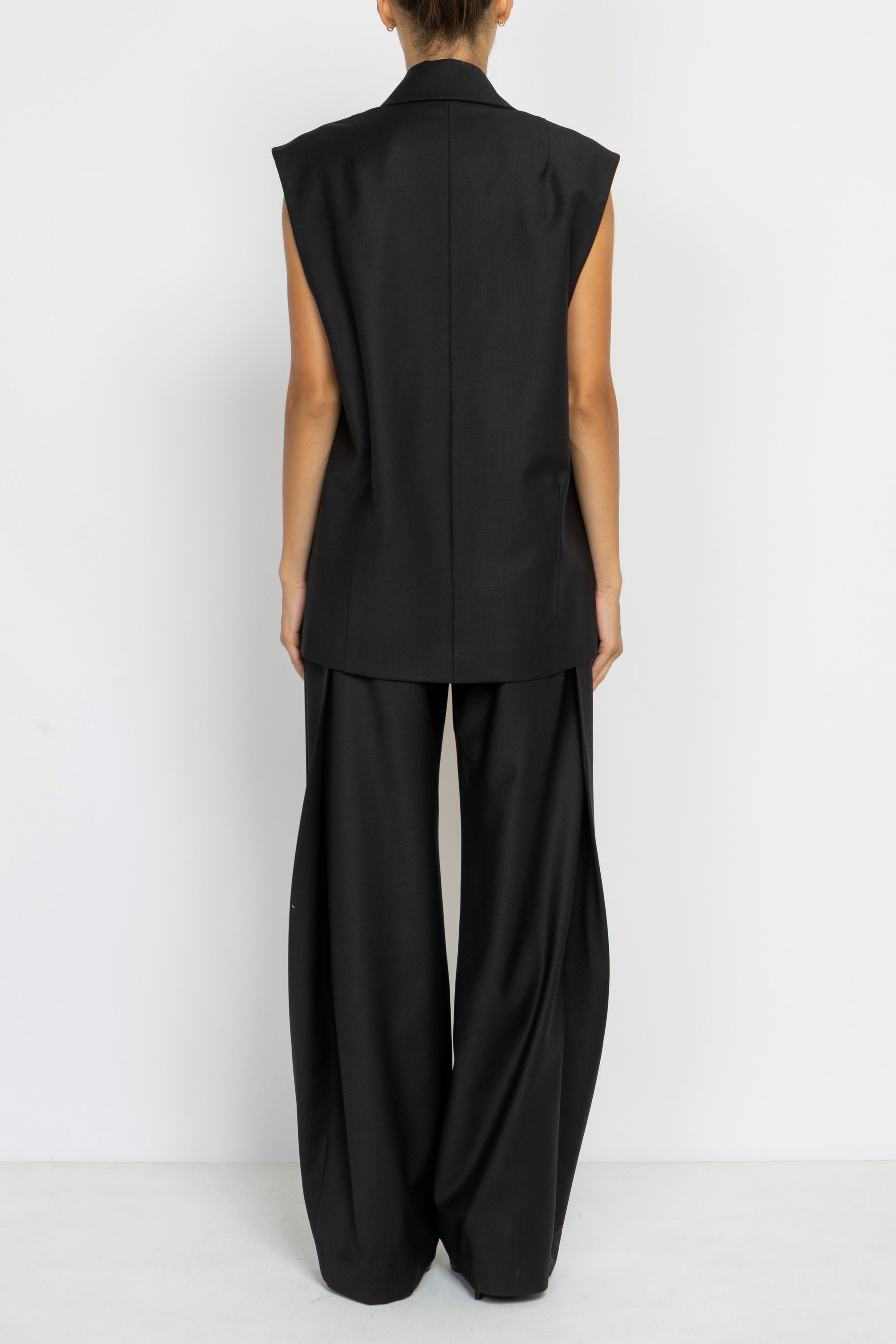 Tailored Black Wool Longline Sleeveless Blazer