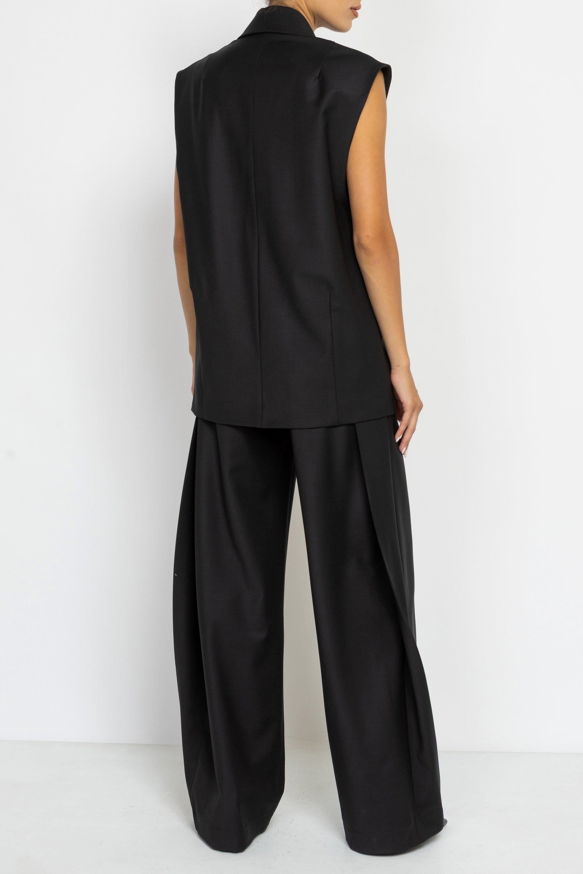 Tailored Black Wool Longline Sleeveless Blazer