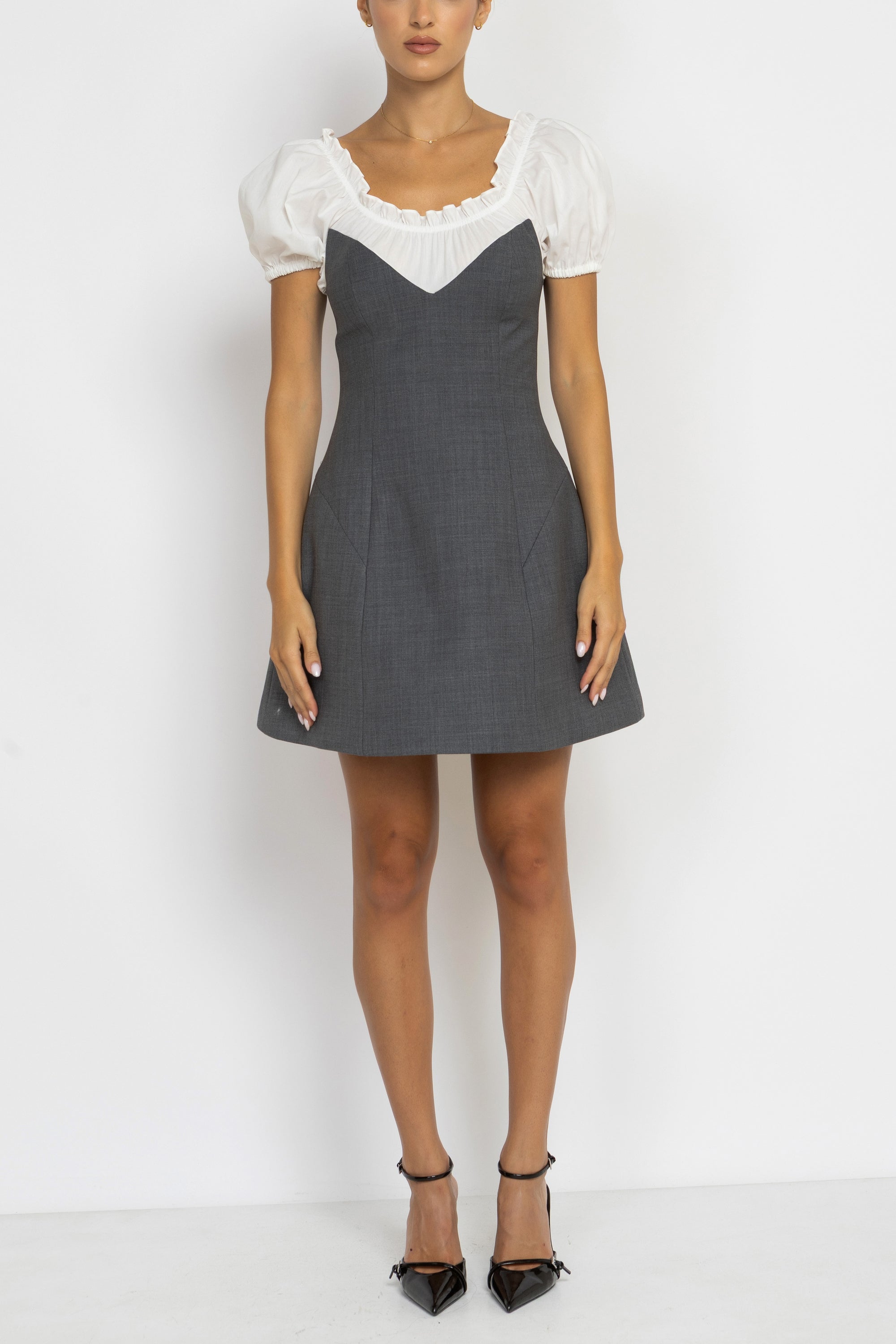 Ruffle Neckline Short Sleeve Mini Dress