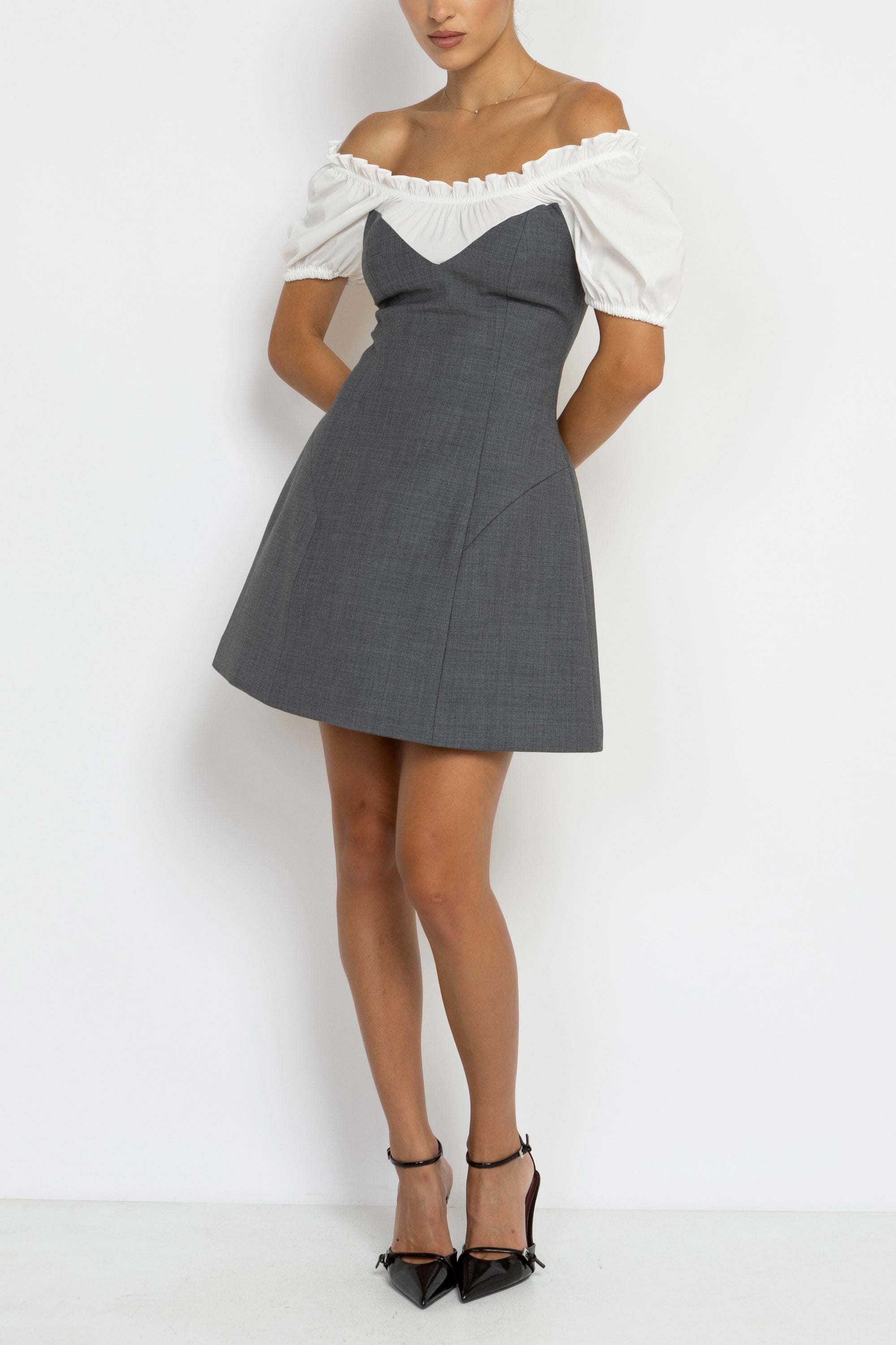 Ruffle Neckline Short Sleeve Mini Dress