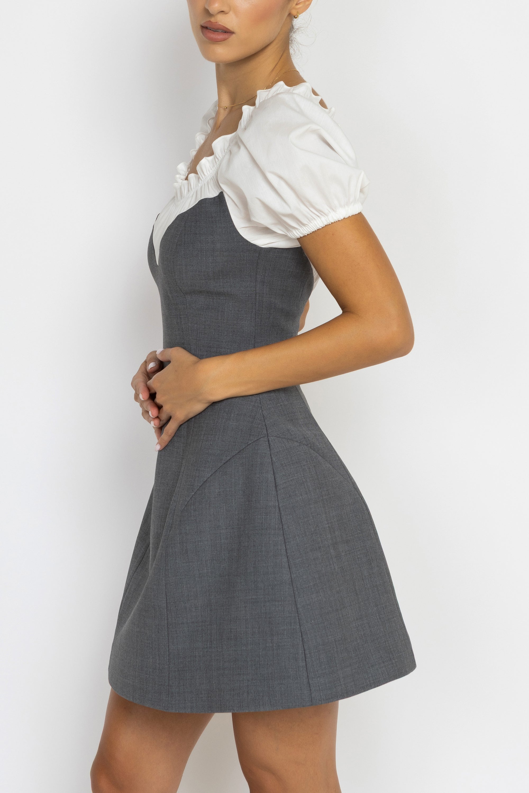 Ruffle Neckline Short Sleeve Mini Dress