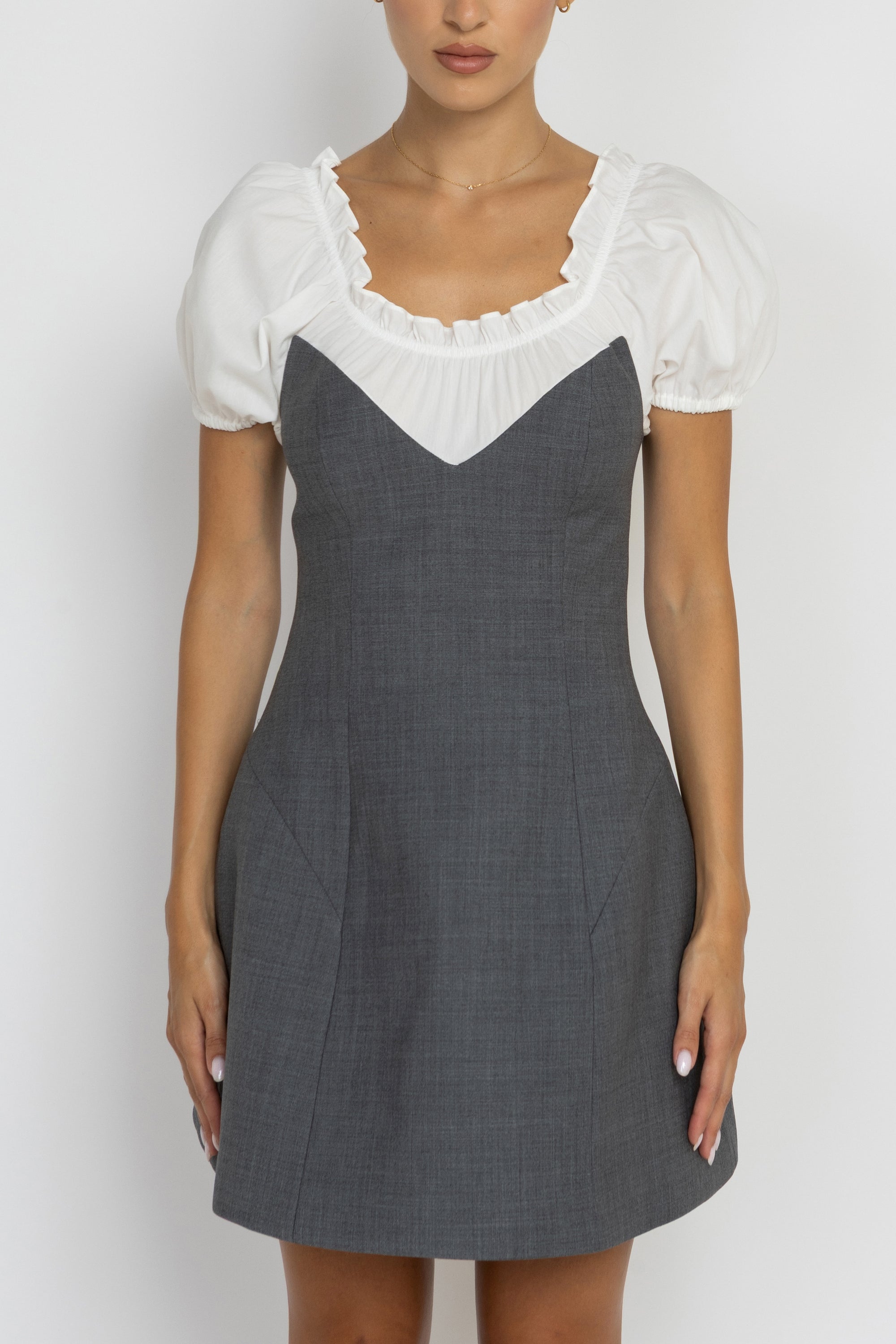 Ruffle Neckline Short Sleeve Mini Dress