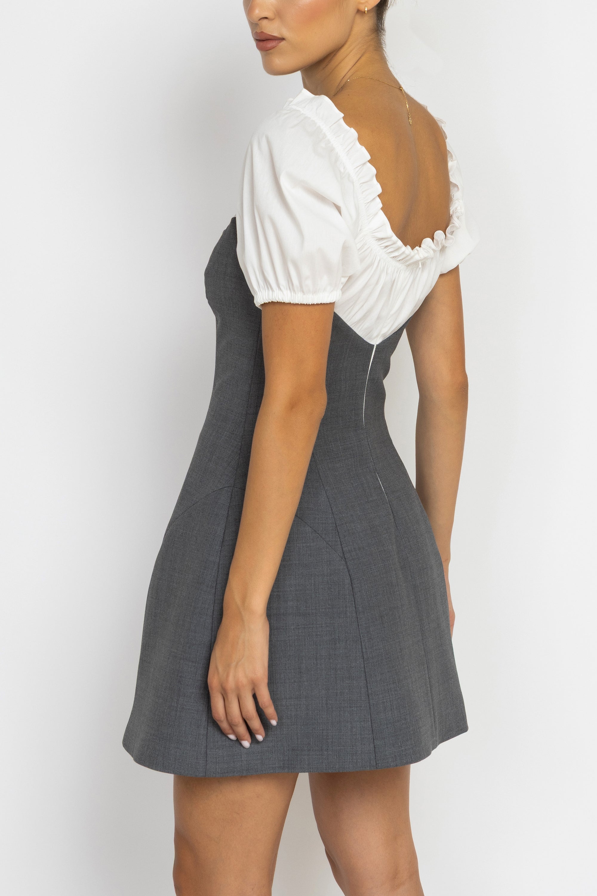 Ruffle Neckline Short Sleeve Mini Dress