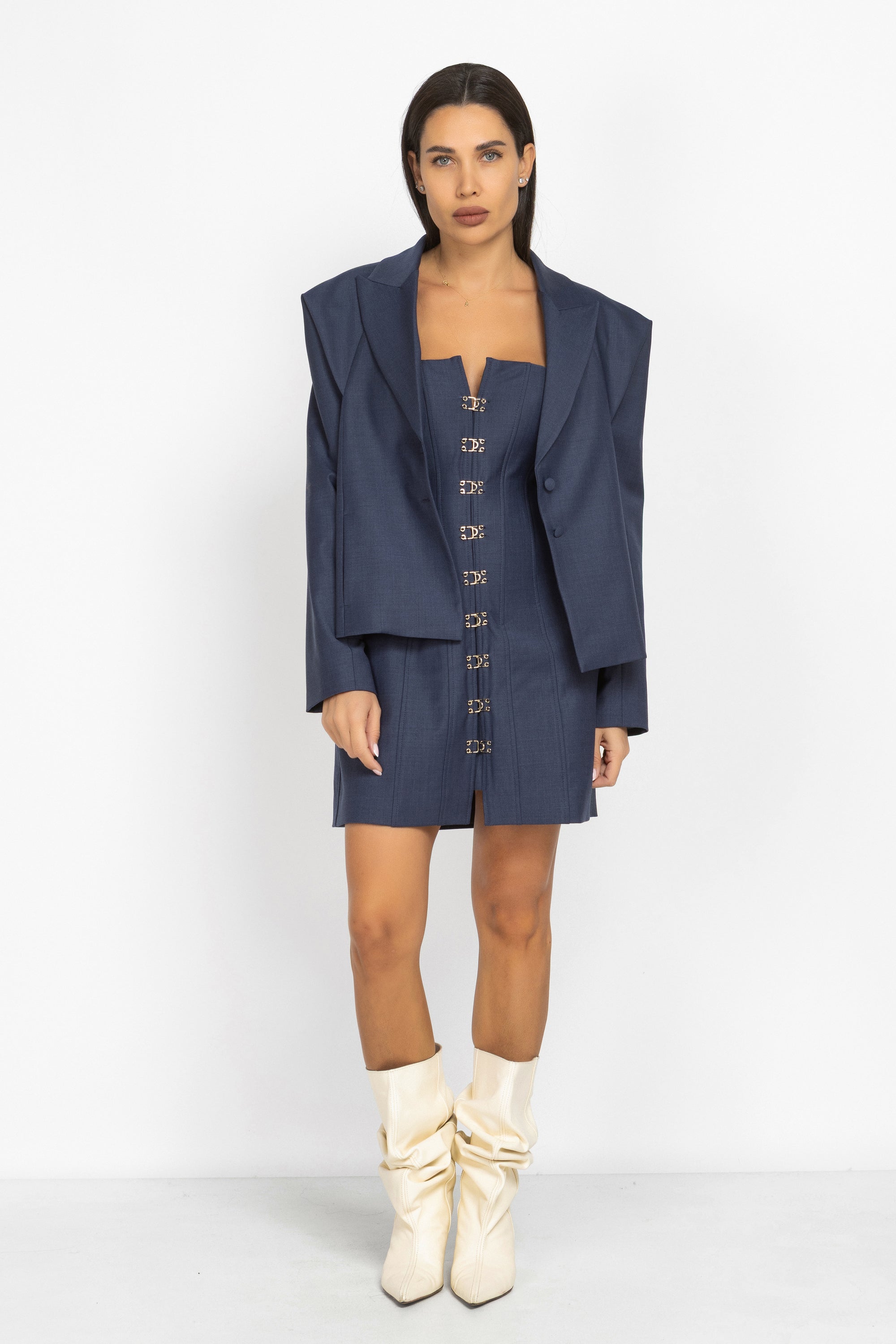 Wool Mini Dress with Gold Clasps